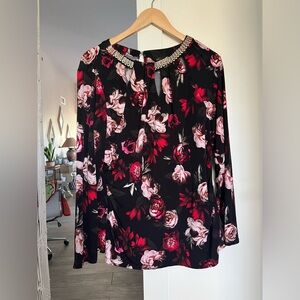 Pink and White Floral Blouse with Rounded Neckline